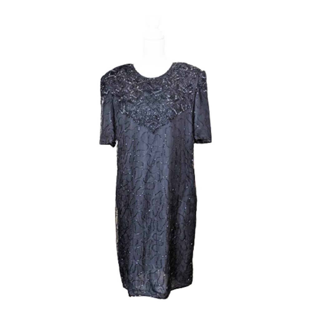 Vint. JMD New York Black Mesh Beaded & Sequined Dress NEW